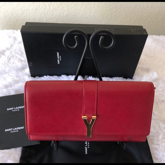 ❌❌SOLD❌❌ YSL “Y” Line Bifold Flap Leather Long Red Wallet - Picture 1 of 11